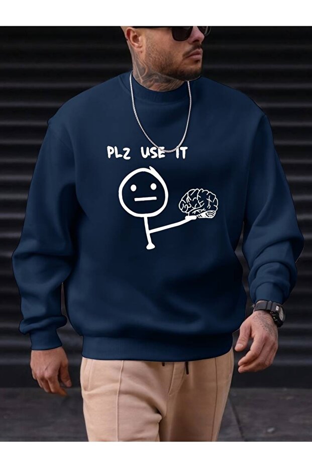 Синій чоловічий синій Plz Use It з принтом, велосипедна комір Oversize - 1