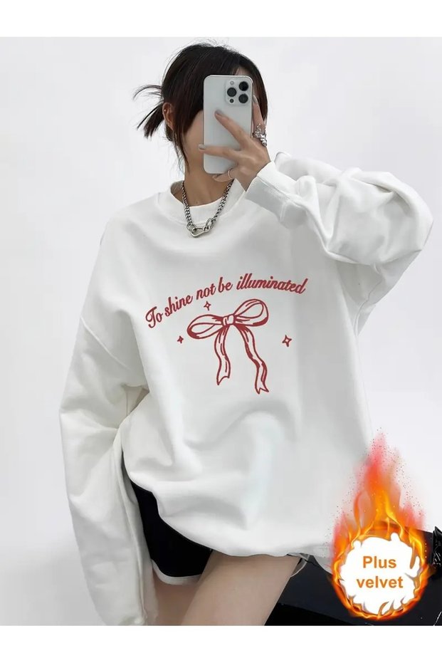 White Women's White to Shine Ribbon Printed Crew Neck Oversize