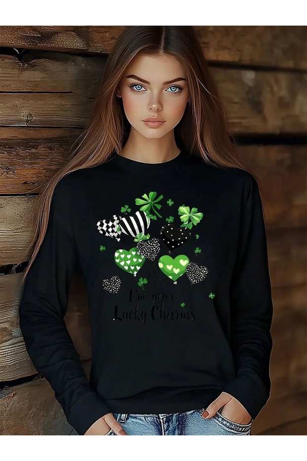 Black Women's Black Lucky Heart Balloon Printed Crew Neck Oversize