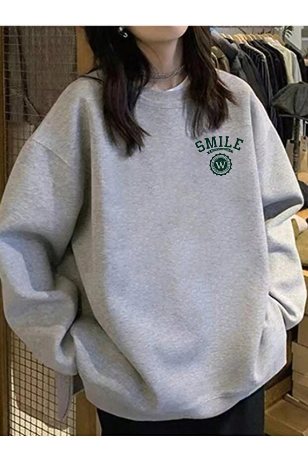Gray Women's Gray Logo Smile Printed Oversize