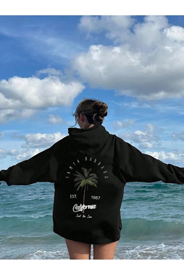 Black Women's Black Santa Barbara Printed Hooded Hoodie