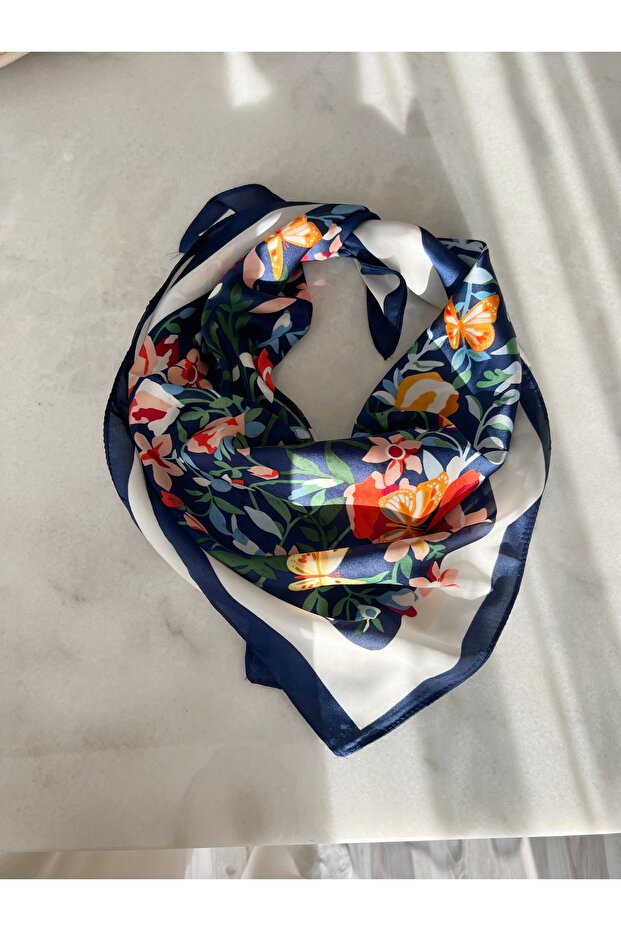 Toffy Dark Blue Flower Patterned Scarf