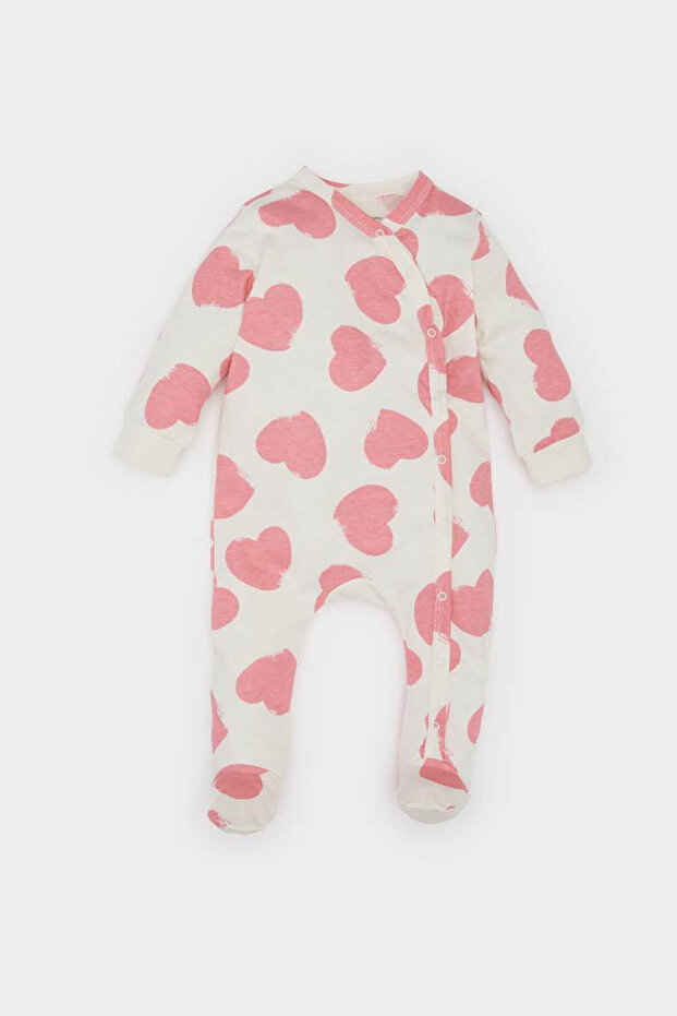 Heart Patterned Cotton Jersey Long-Sleeve Snap-Button Romper Baby Girl Newborn E6046A5NS