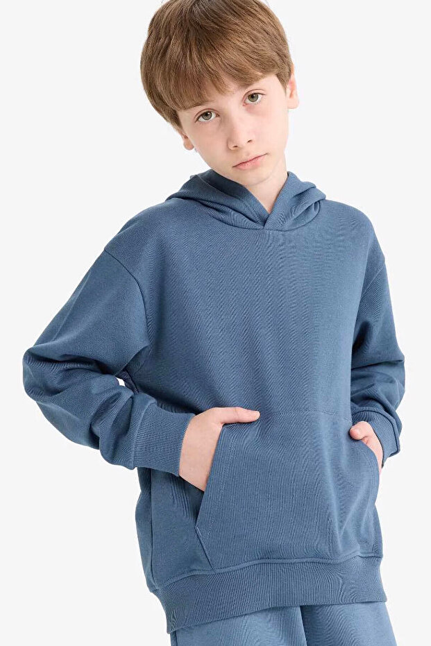 Basic Düz Kapüşonlu Okul indigo Erkek Çocuk Sweatshirt E9558A8/IN257 - 1