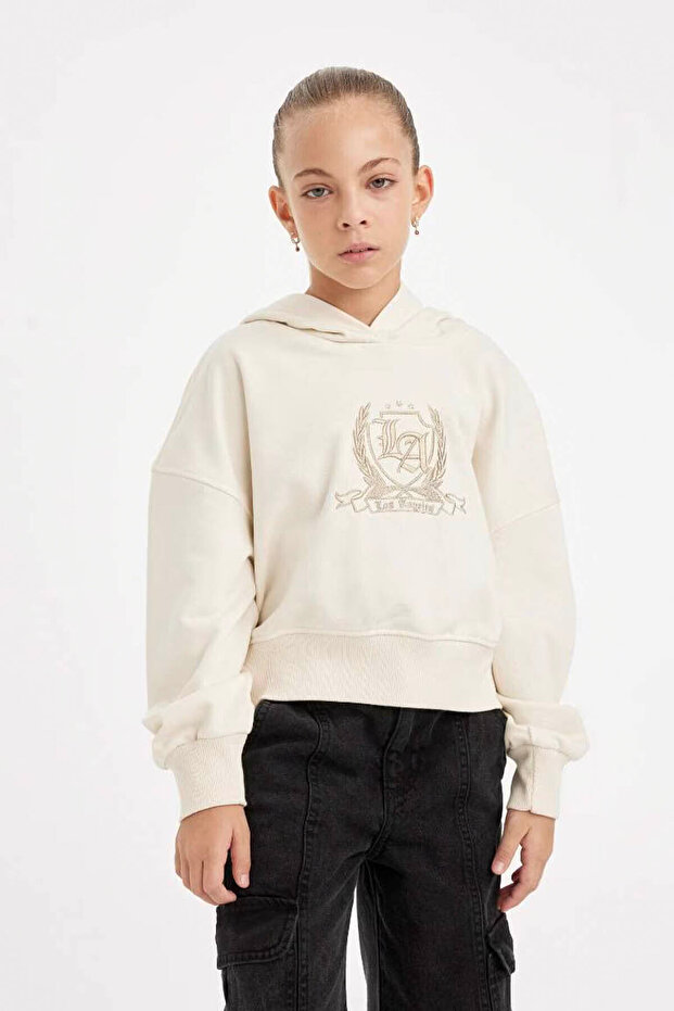 Kız Çocuk Ekru Oversize Geniş Kalıp Kapüşonlu İşlemeli Sweatshirt D2885A824WN - 3