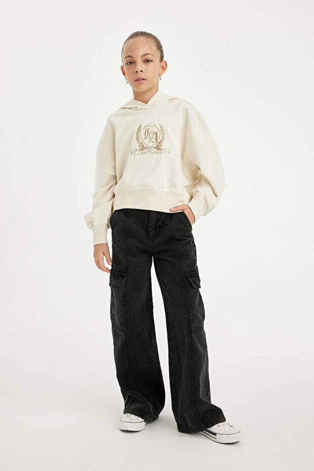Kız Çocuk Ekru Oversize Geniş Kalıp Kapüşonlu İşlemeli Sweatshirt D2885A824WN - 2