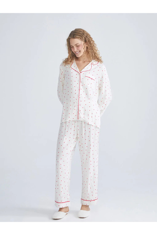 LCW DREAMEkru Gömlek Yaka Baskılı Kadın Pijama Takımı - 2