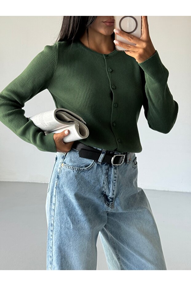 Düğmeli Uzun Kollu Basic Kadın Triko Hırka - 4