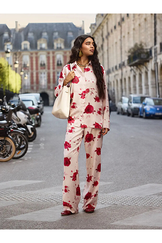 LCW DREAMPembe Gömlek Yaka Çiçekli Kadın Pijama Takımı - 3