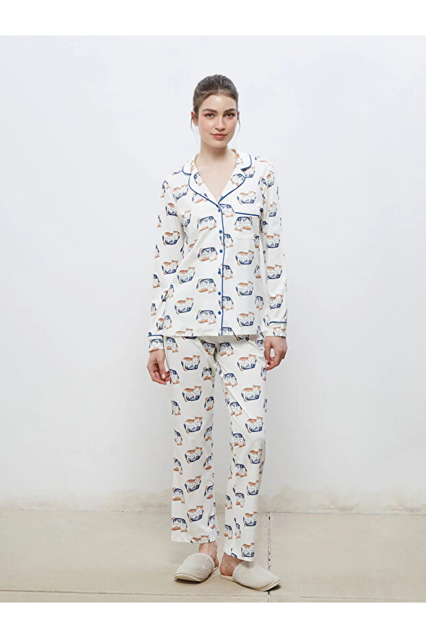 LCW DREAMEkru Gömlek Yaka Baskılı Kadın Pijama Takımı - 3