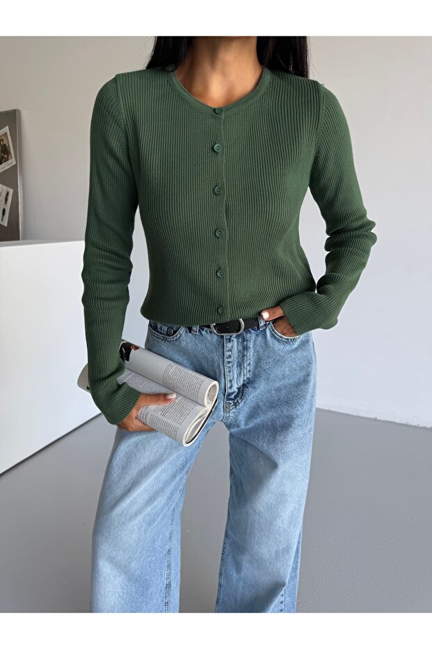 Düğmeli Uzun Kollu Basic Kadın Triko Hırka - 6