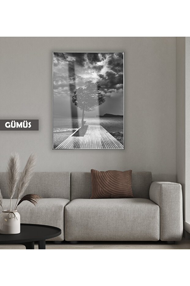 Amazing | Black&White Sea and Tree Model | Framed Tempered Glass Table Single Vertical