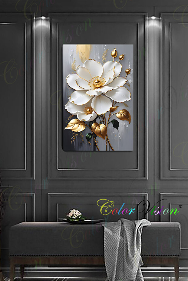 Gold Wighte Flowers Kanvas Tablo - 5