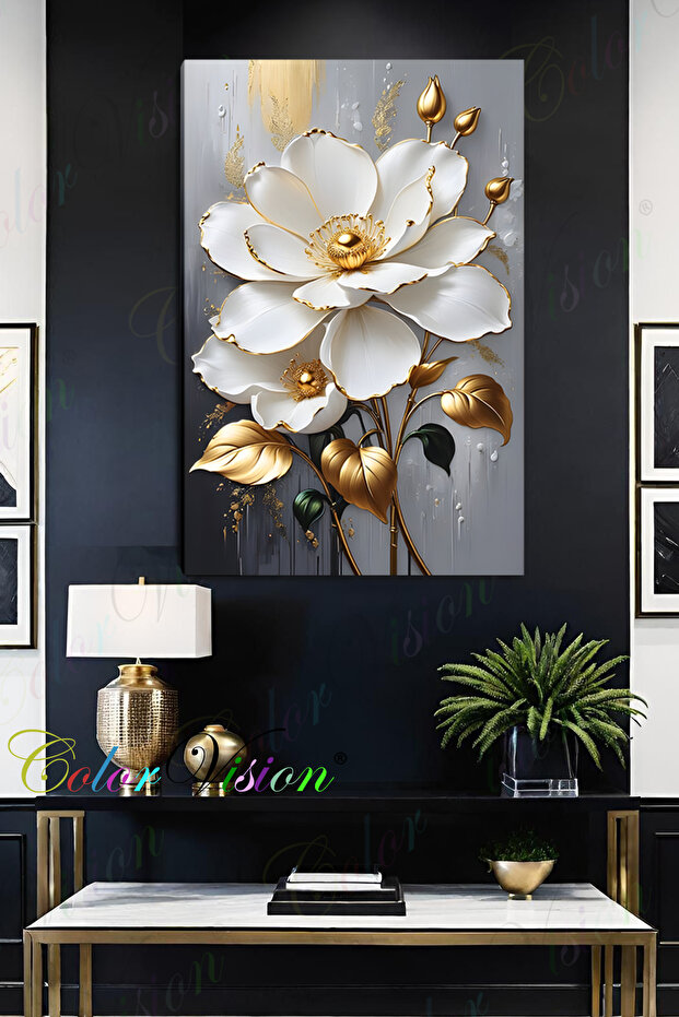 Gold Wighte Flowers Kanvas Tablo - 3