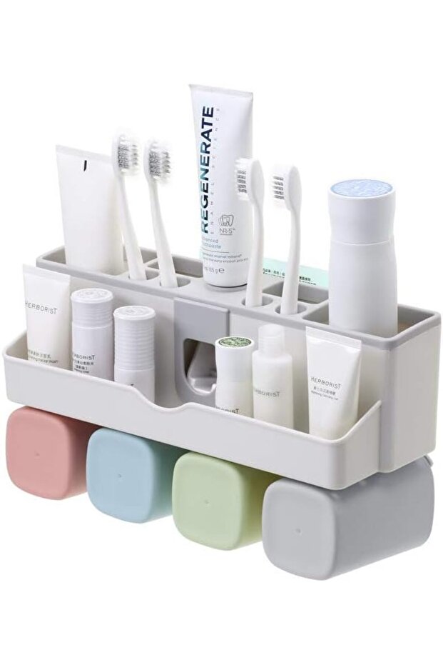 حامل فرشاة أسنان مثبت على الحائط مع موزع معجون أسنان أوتوماتيكي - 2
