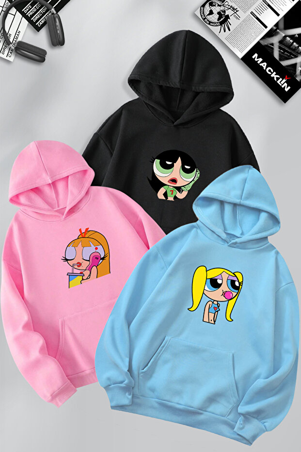 Powerpuff Girls Printed Friend Couple Combination Design 3-Thread Raglan Sweatshirt Hoodie