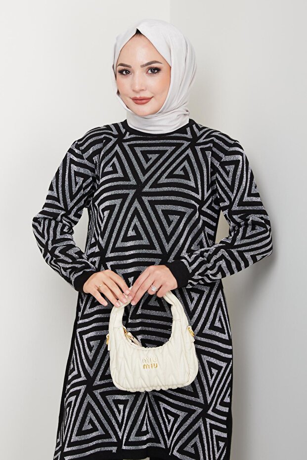 Women's Casual Model Geometric Patterned Hijab Knitwear Tunic