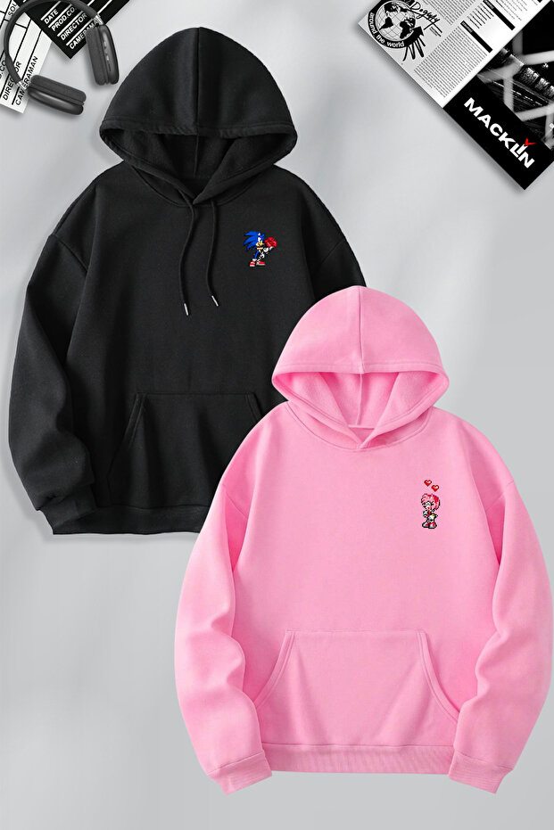 Dear or Friend Couple Combination Sonic Pixel Printed Hooded Sweatshirt 2 Piece Set Hoodie