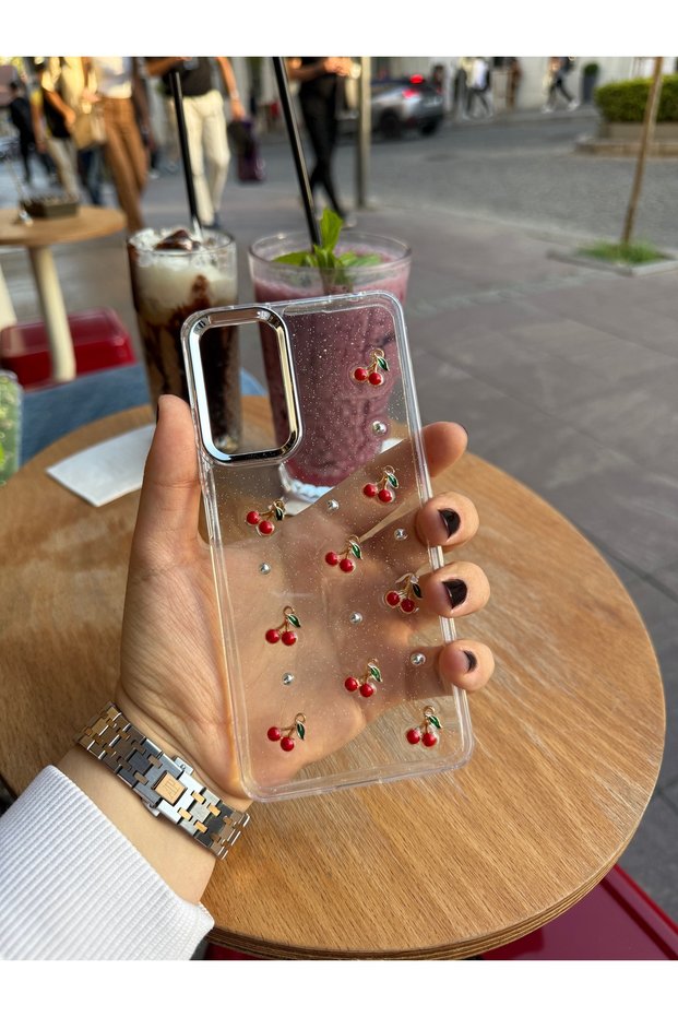 Samsung Galaxy S24 Fe Phone Case Cherry Pattern Transparent Case Silvery Glossy Cover