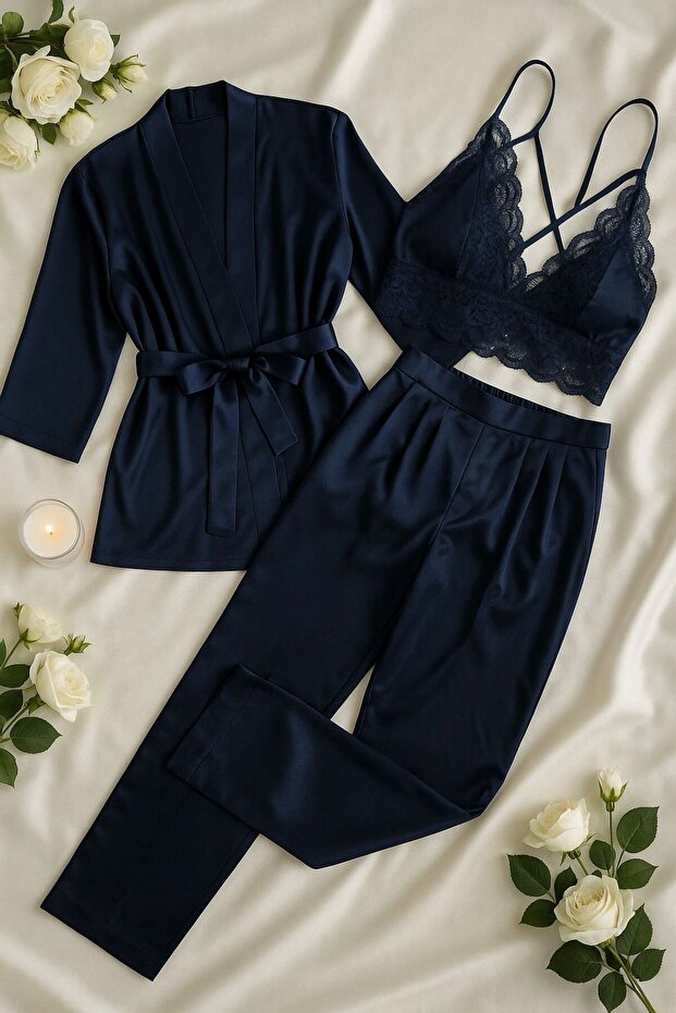 Midnight Glow Stylish Navy Blue Satin Lace Pajamas