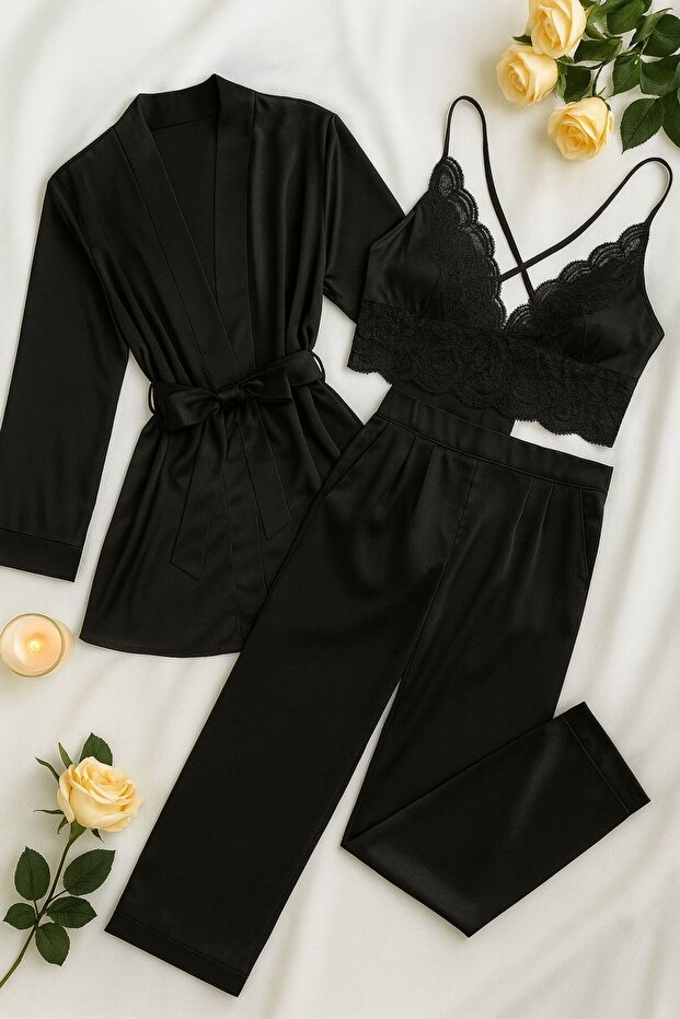Dark Desire – Stylish Black Satin Lace Pajamas Set (3 Pieces)