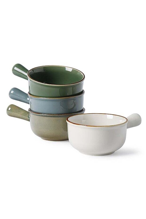 4 Piece Set French Onion Soup Ceramic Bowls, 28Oz, Stackable With Handles, Oven Microwave And Dishw
