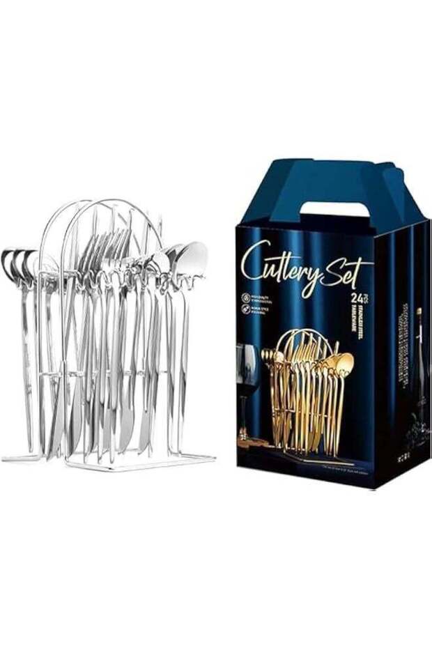 Silverware Set,Tableware,24 Piece Flatware Set With Stand,Stainless Steel Kitchen Utensils Set for 6,Mirror Polished Cutlery Set,Spoon and Fork Set Knife Silverware(Silver)