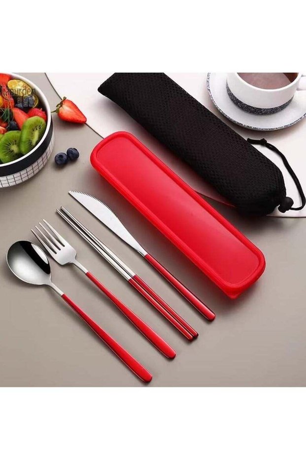 Cutlery Set – Red & Silver Knife | Spoon | Fork | Chopsticks | 4-in-1 Stainless Steel with Box