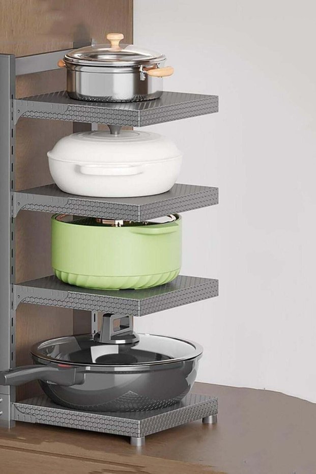 BLOOMING TIME 4‑Tier Adjustable Pots & Pans Organizer Rack – Heavy‑Duty Pot & Lid Holder for