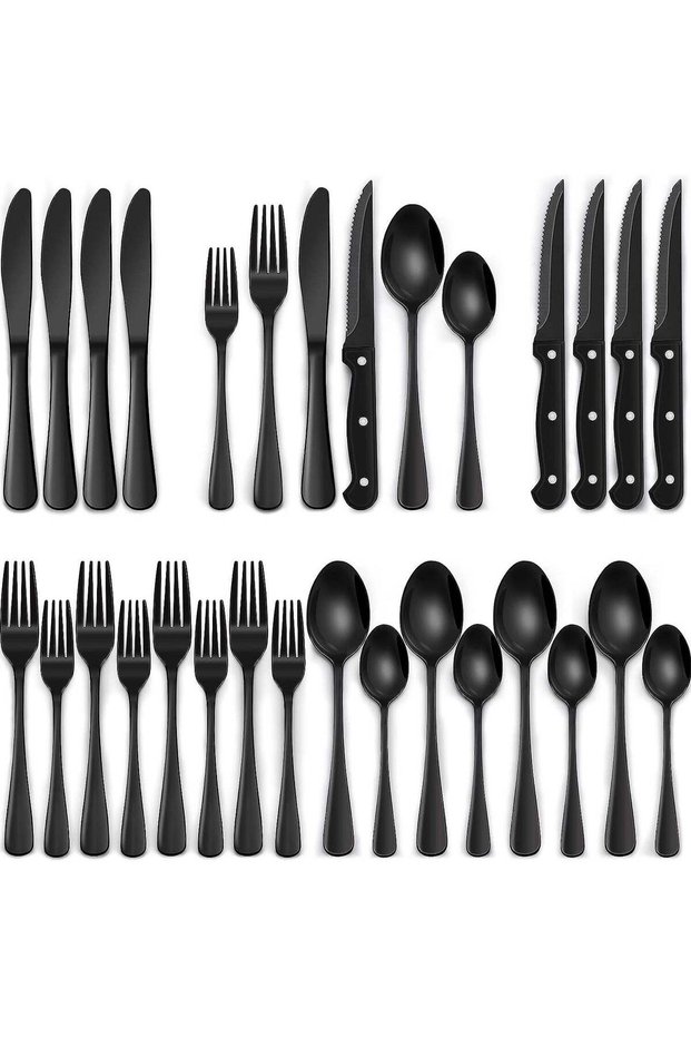 24-Piece Black Silverware Set with Steak Knives, Black Flatware Set for 4, Food-Grade Stainless Steel Tableware Cutlery Set, Mirror Finished Utensil Sets for Home Restaurant