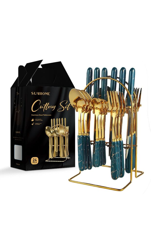 24-piece Stainless Steel Cutlery Fork,Knife And Spoon Set With Stand Green 13x14.5cm