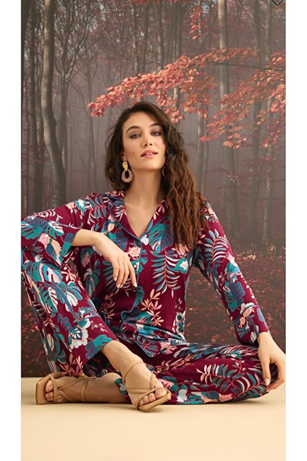 طقم بيجامة منقوشة بأزرار أمامية من Monamise 23144 - 2