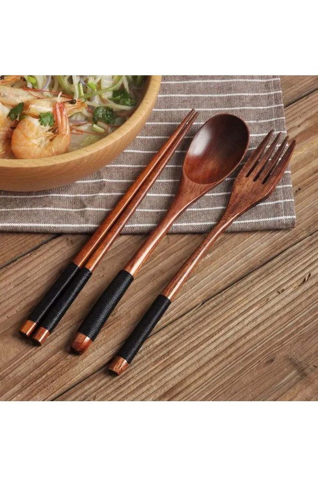 3pcs Japanese-Style Stylish Wooden Tableware Set, With Spoon, Chopsticks & Fork