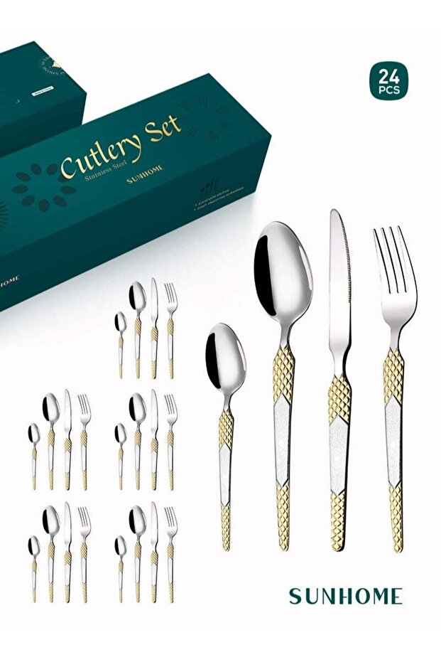 SUNHOME 24-Piece Stainless Steel Cutlery Set Kitchen Utensil Set Western Tableware Suitable For Home Kitchen Restaurant Hotel Party Dining Picnic Dining Exquisite Packaging Gift