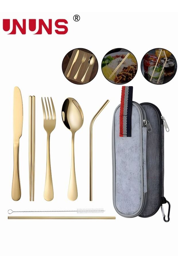 7Pcs Stainless Steel Flatware Set Portable Reusable Cutlery Set Travel Utensils Set Including Chopsticks Knife Fork Spoon Straws Cleaning Brush Dishwasher Safe (Golden)