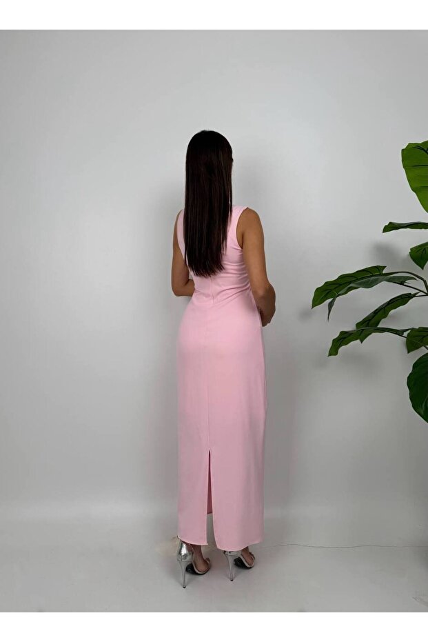 Mona Taş Detay Atlas Kumaş Uzun Elbise - 4