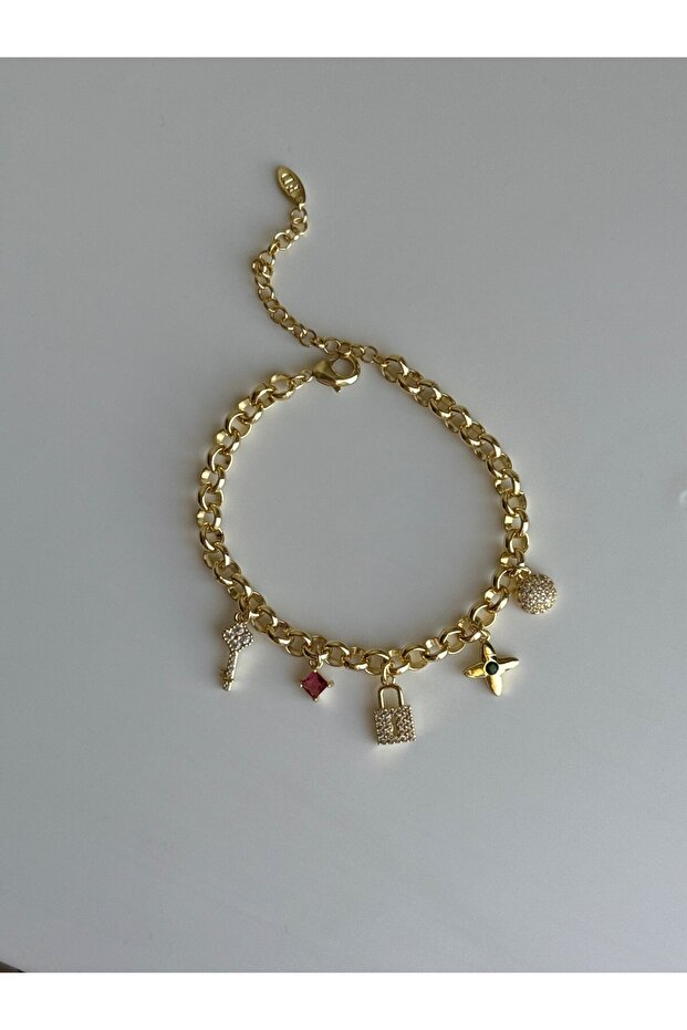 سوار Loreva الأنيق من Gold Charmlı LV Model Stone - لا يسبب التصبغ -