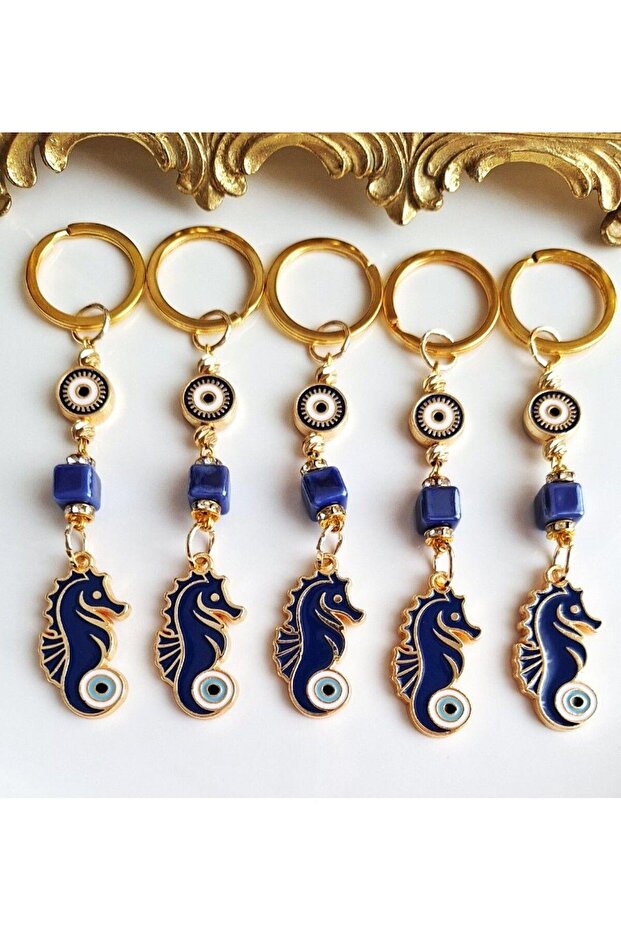 Luxury Gift 5-Piece Zircon Stone Evil Eye Beaded Seahorse Navy Blue Luck Charm Keychain