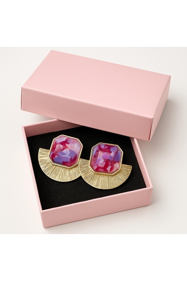 Pink Purple Stone Detailed Gold Color Modern Earrings