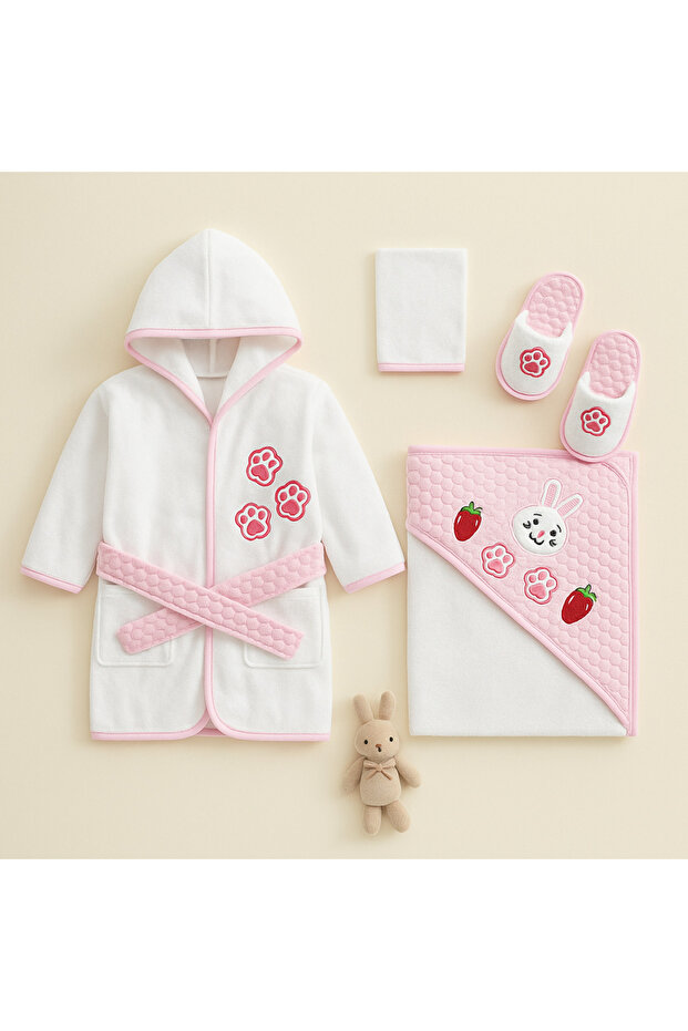 100% Cotton 4-Piece Baby Girl Bathrobe Set – Hooded Towel, Slippers, Rabbit Strawberry Pattern