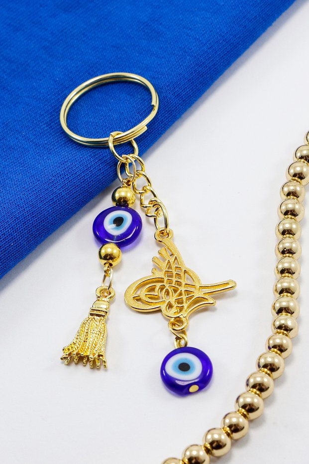 Gold Colored Evil Eye Beaded Wreath Ottoman Tughra Keychain, Evil Eye Gift Bag Ornament