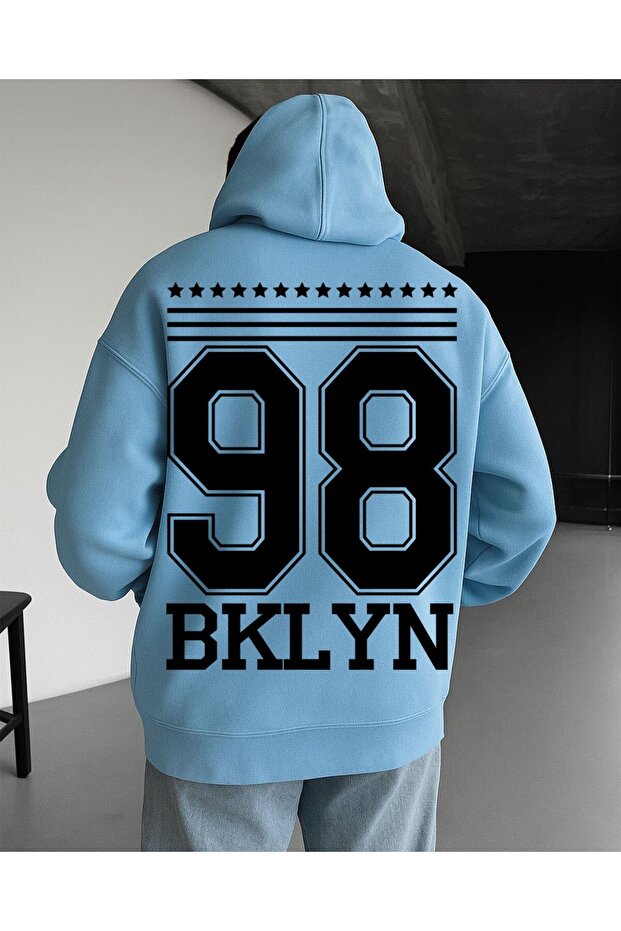 98 BKLYN سويت شيرت مطبوع بقلنسوة كبير الحجم للجنسين – قماش 3 خيوط