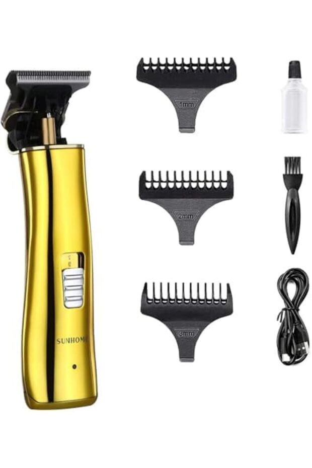 Sun Home Professional Hair Trimming Machine, Gold Color, Electric Razor with 3 Guide Combs, USB Char