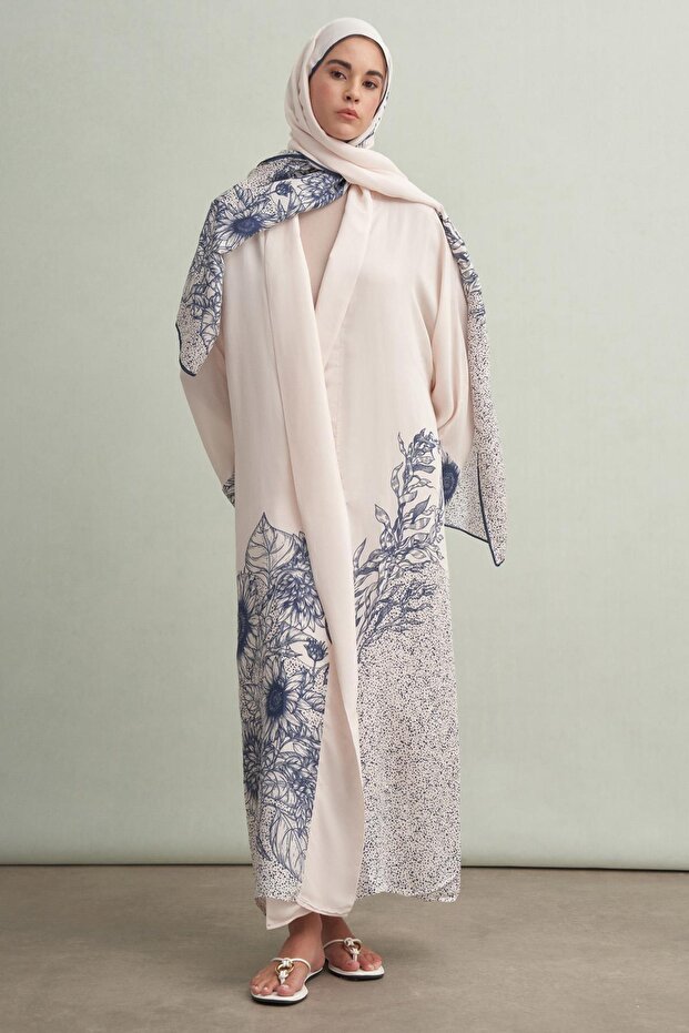 Navy Floş Abaya Krem - 1