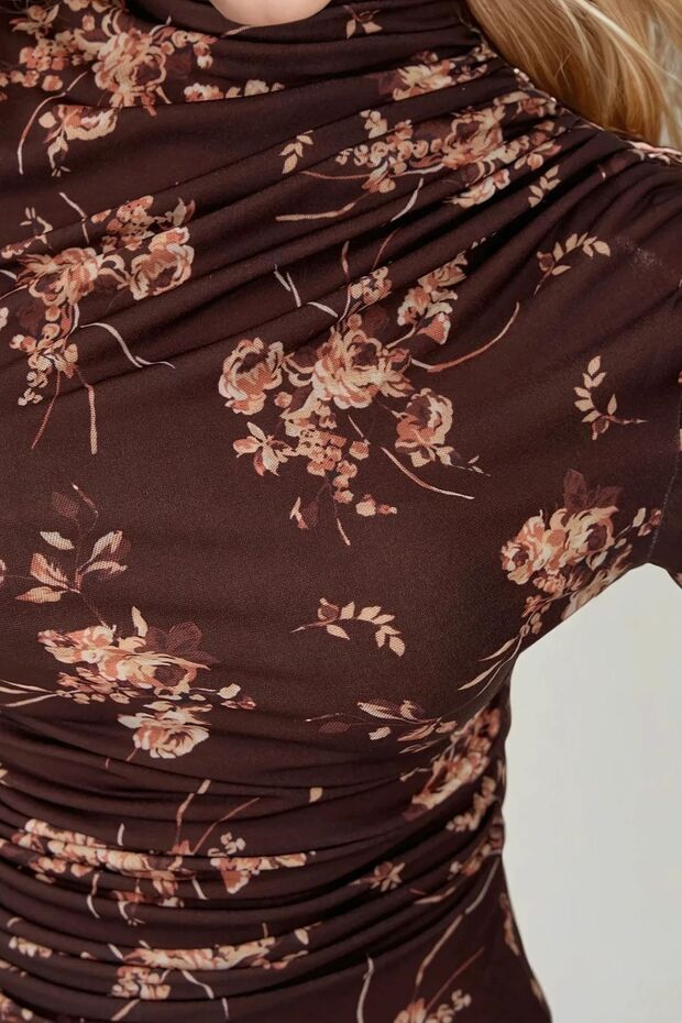 Patterned Stand Collar Long Sleeve Top - 5