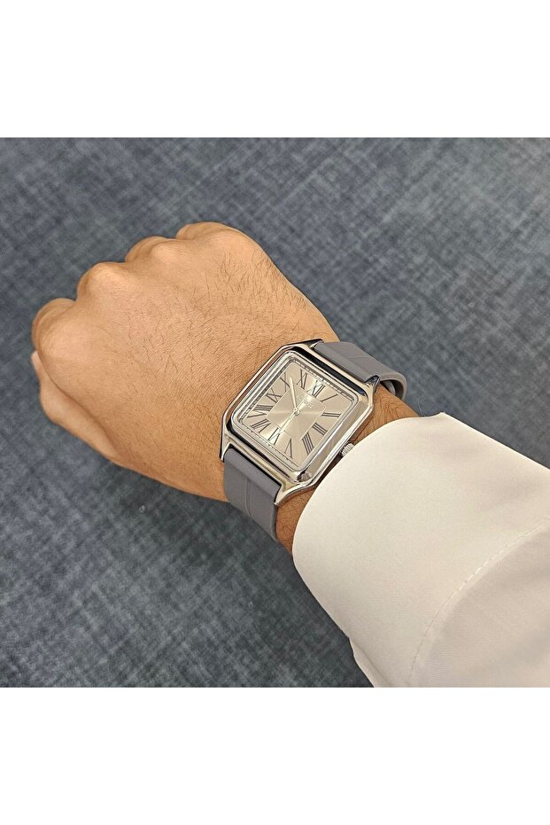 ساعة رجالي ربل اطار فضي سير رمادي - 3