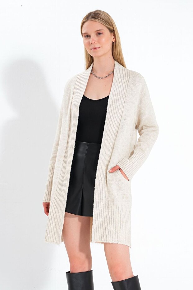 Women's Stone Color Soft Ribbed Pocketed Long Basic Knitwear Cardigan
