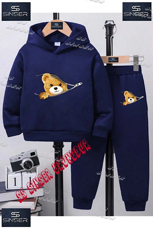 Children's Unisex "Zippered Teddy Bear Half" Special Printed Hooded Tracksuit Set