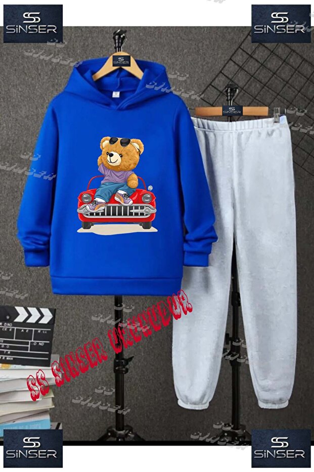 Children's Unisex "Bear on Red Car" Special Printed Hooded Tracksuit Set