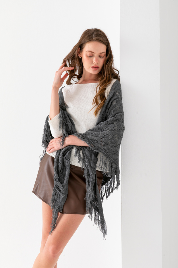 Handmade Openwork Knitted Tasseled Triangle Shoulder Shawl – Cotton Triangel Boho Shawl Women